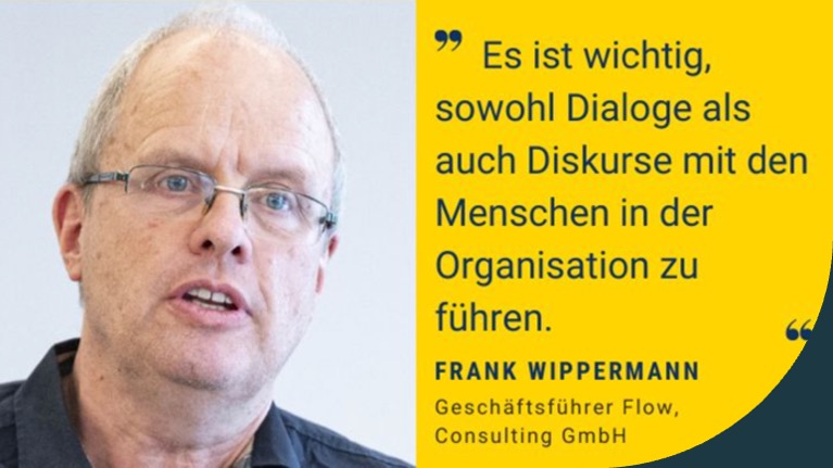 photograph of Frank Wippermann on the left side and his statement about leadership communication in organisations on the right side